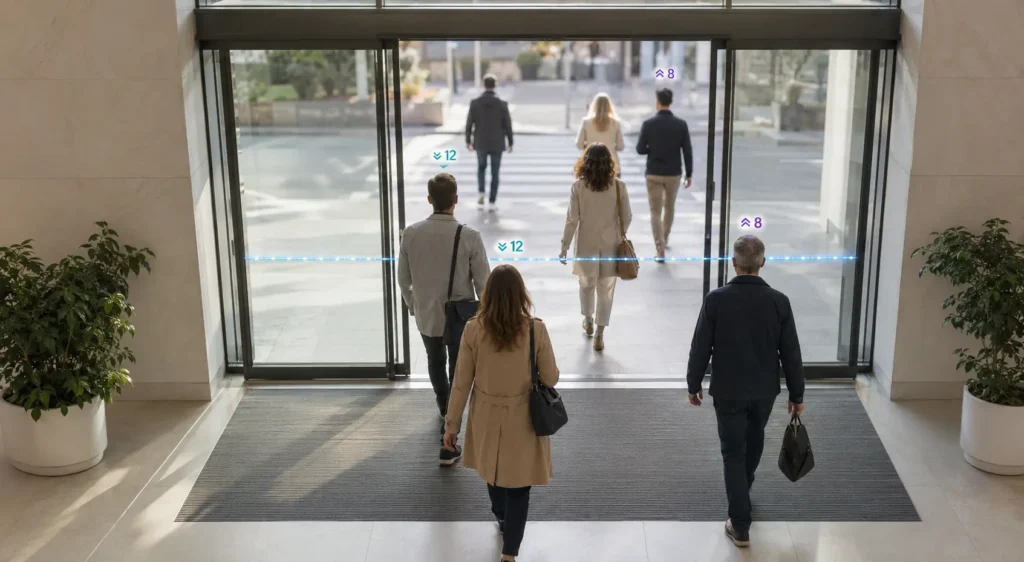 3D people counting system monitoring visitors at a building entrance