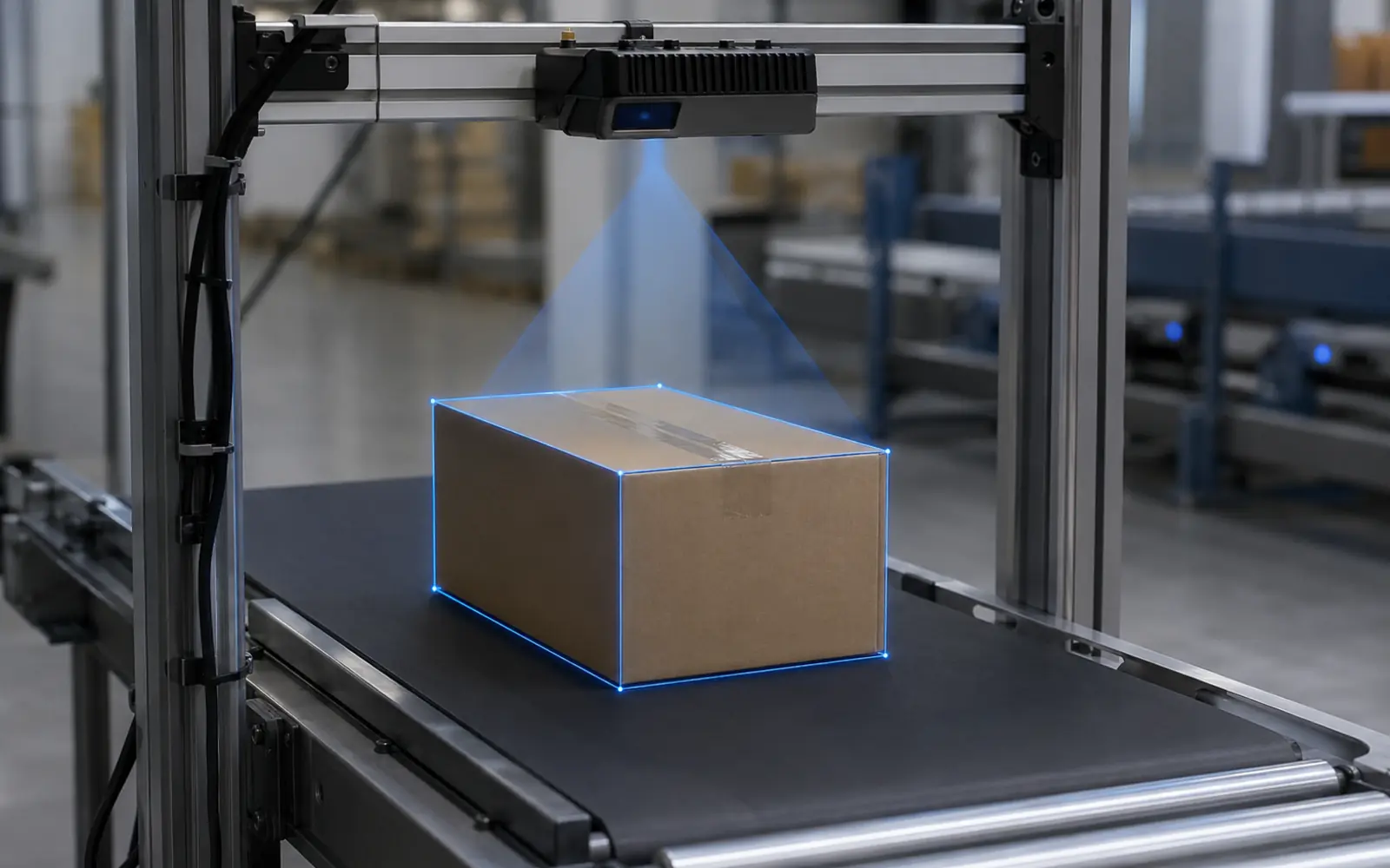 3D parcel volume measurement system measuring package dimensions on a conveyor