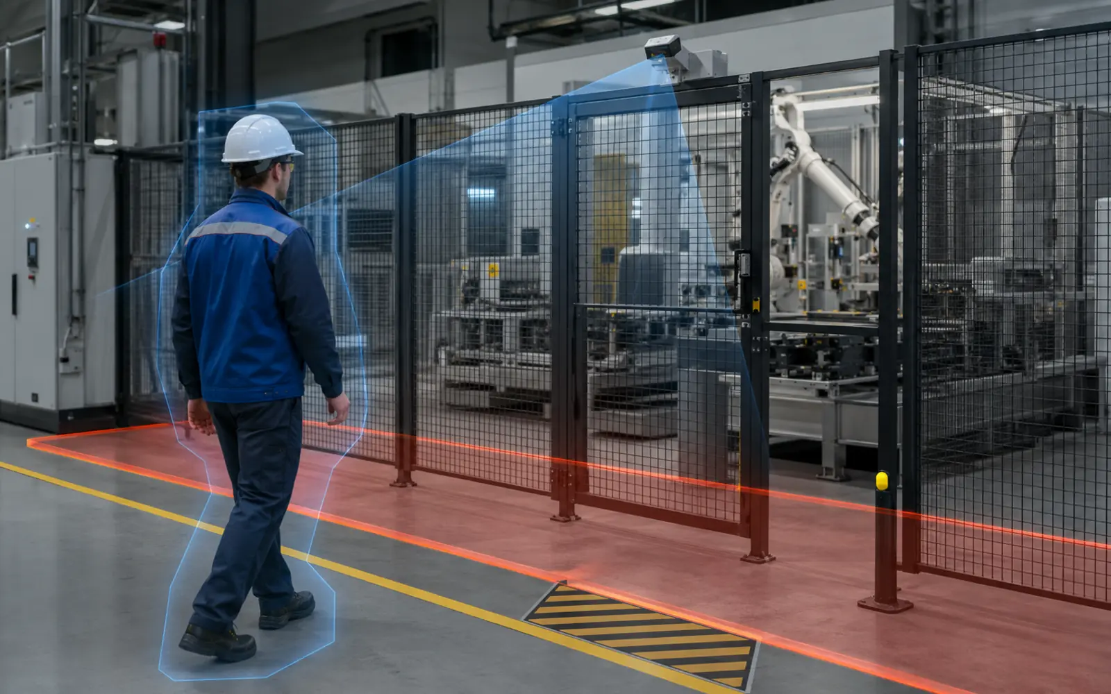 3D restricted area monitoring system detecting personnel near industrial machinery