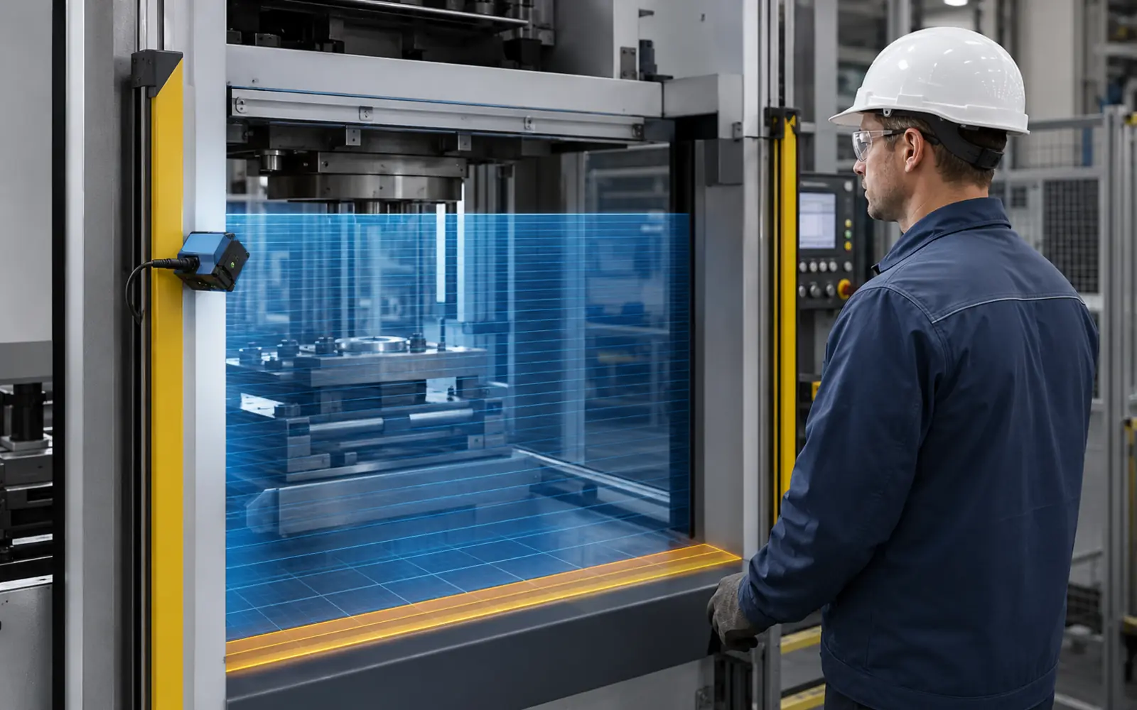 3D machine safety protection system monitoring a worker near industrial equipment