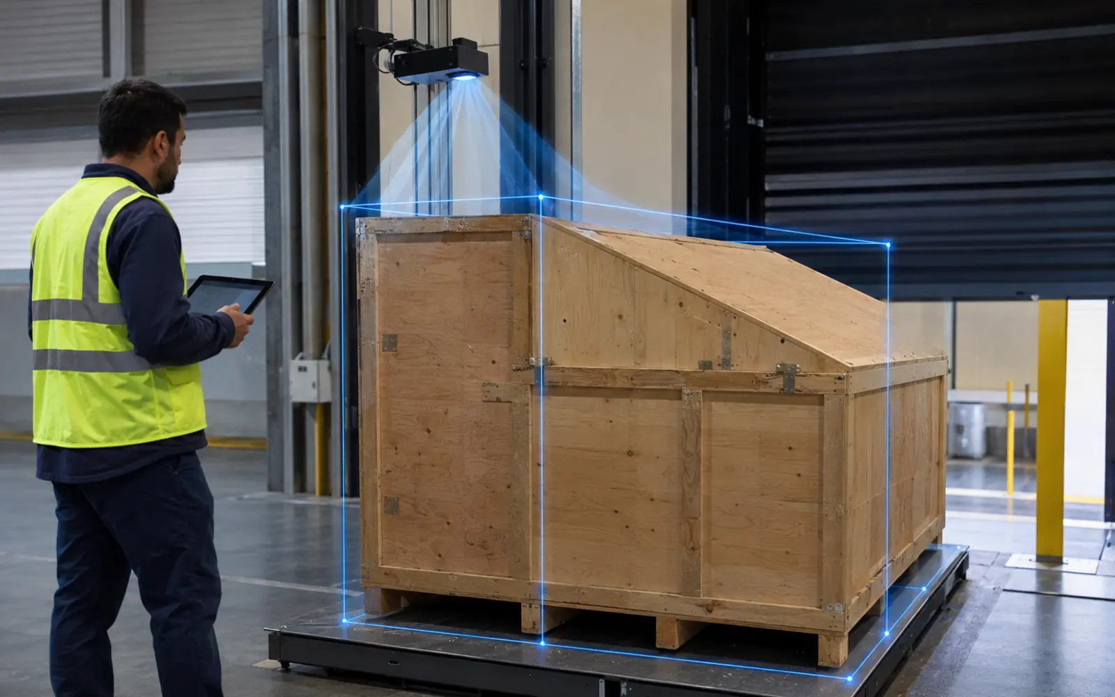 3D cargo dimensioning system measuring large freight in a logistics facility