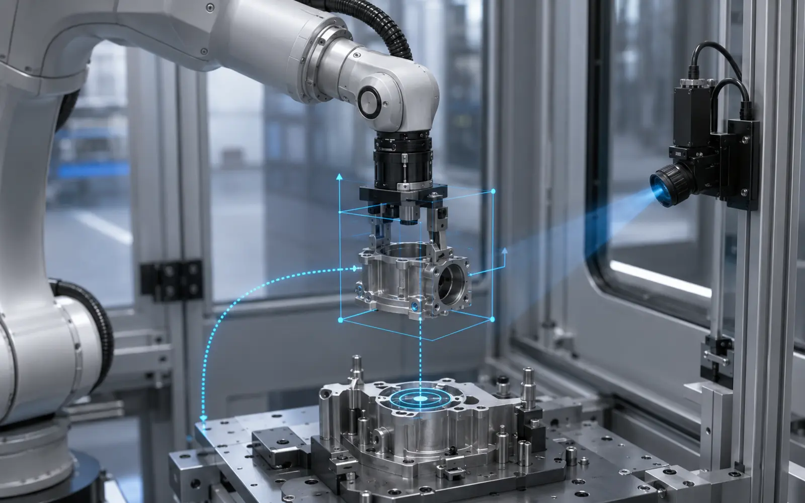 3D vision-guided robotic arm positioning a component at an automated assembly station