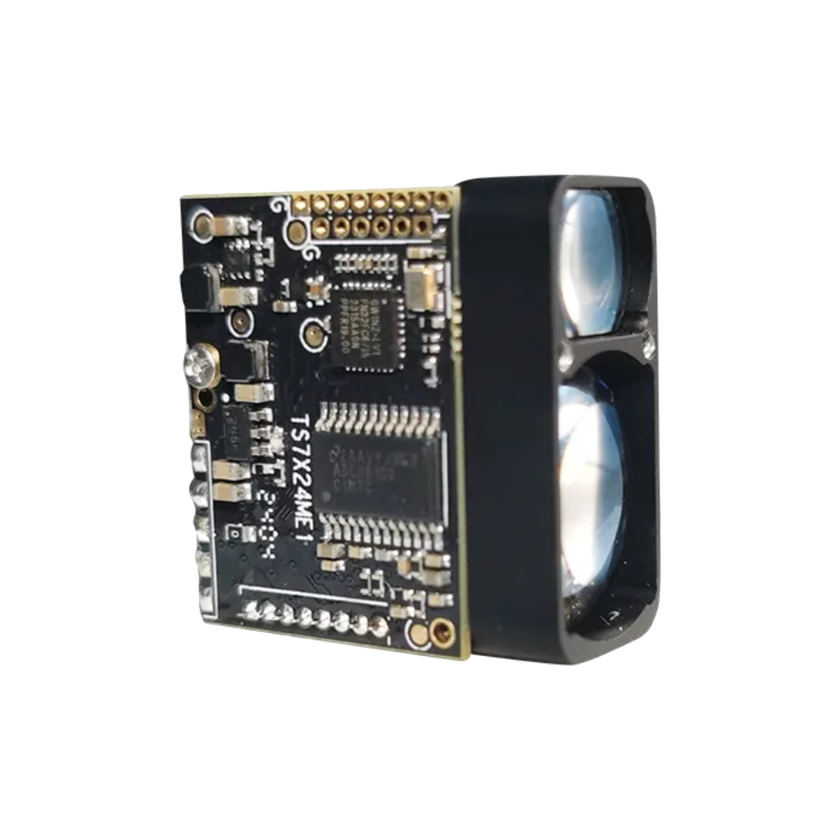 XD-S1000 dToF laser rangefinder module with dual optical windows on white