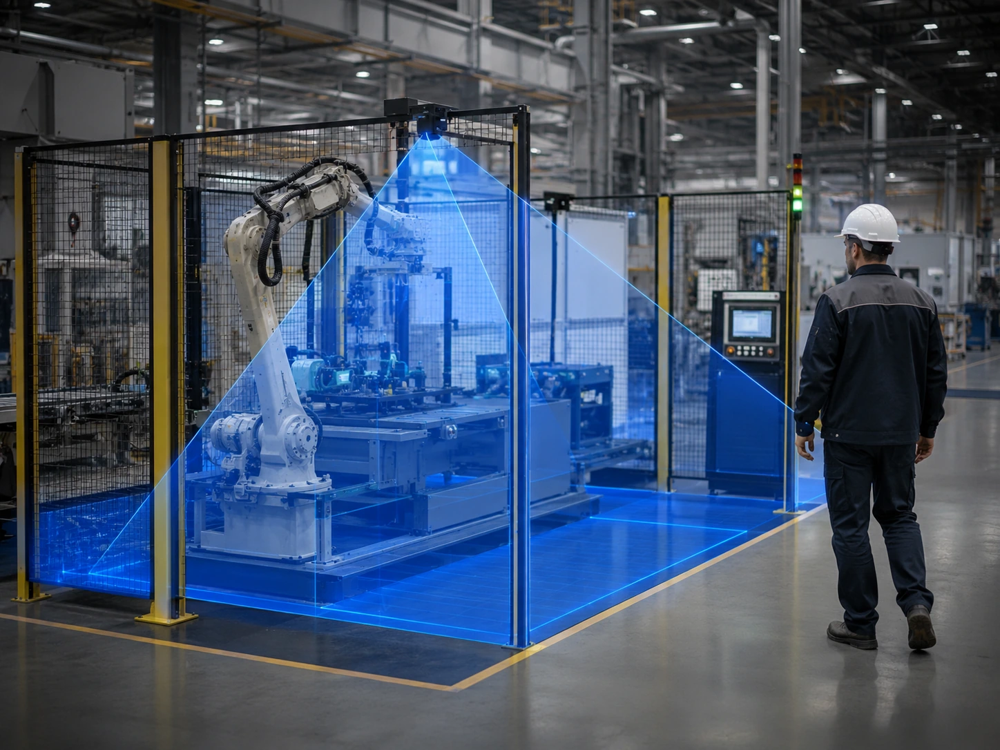 3D vision system monitoring a restricted safety area around industrial machinery