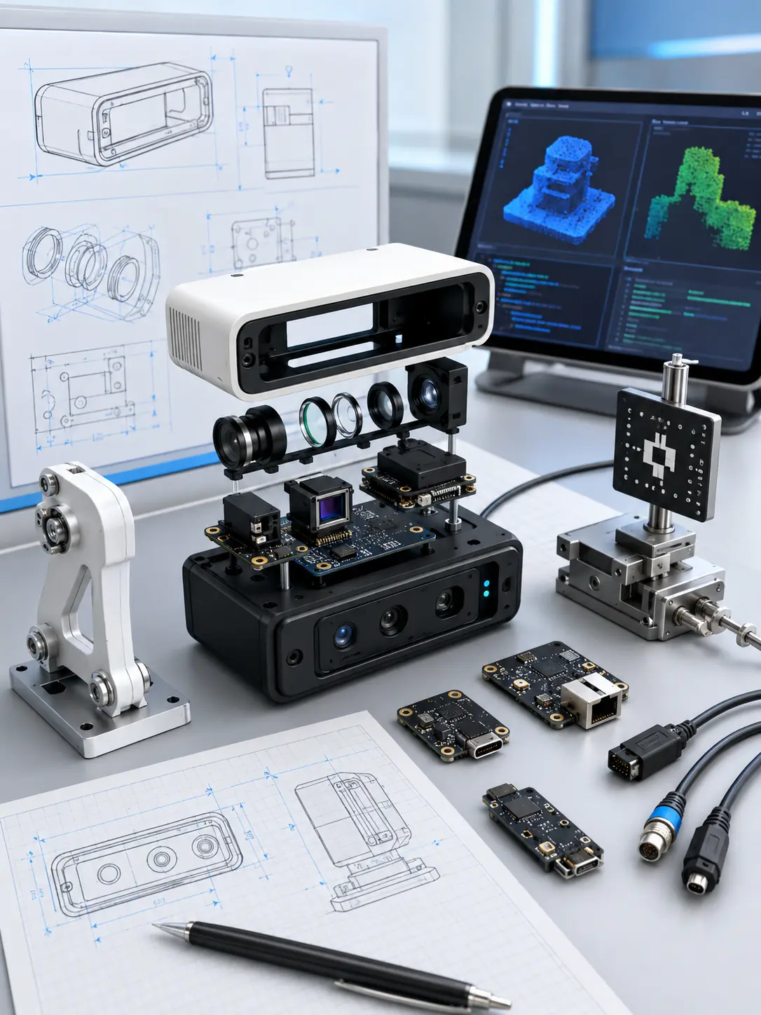 3D illustration of ToF camera ODM design, software integration and prototype testing