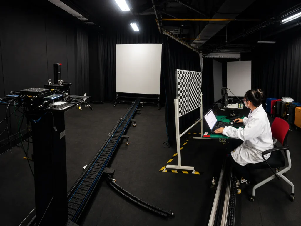 X-Dynamics engineer working in a 3D camera calibration darkroom with optical testing equipment