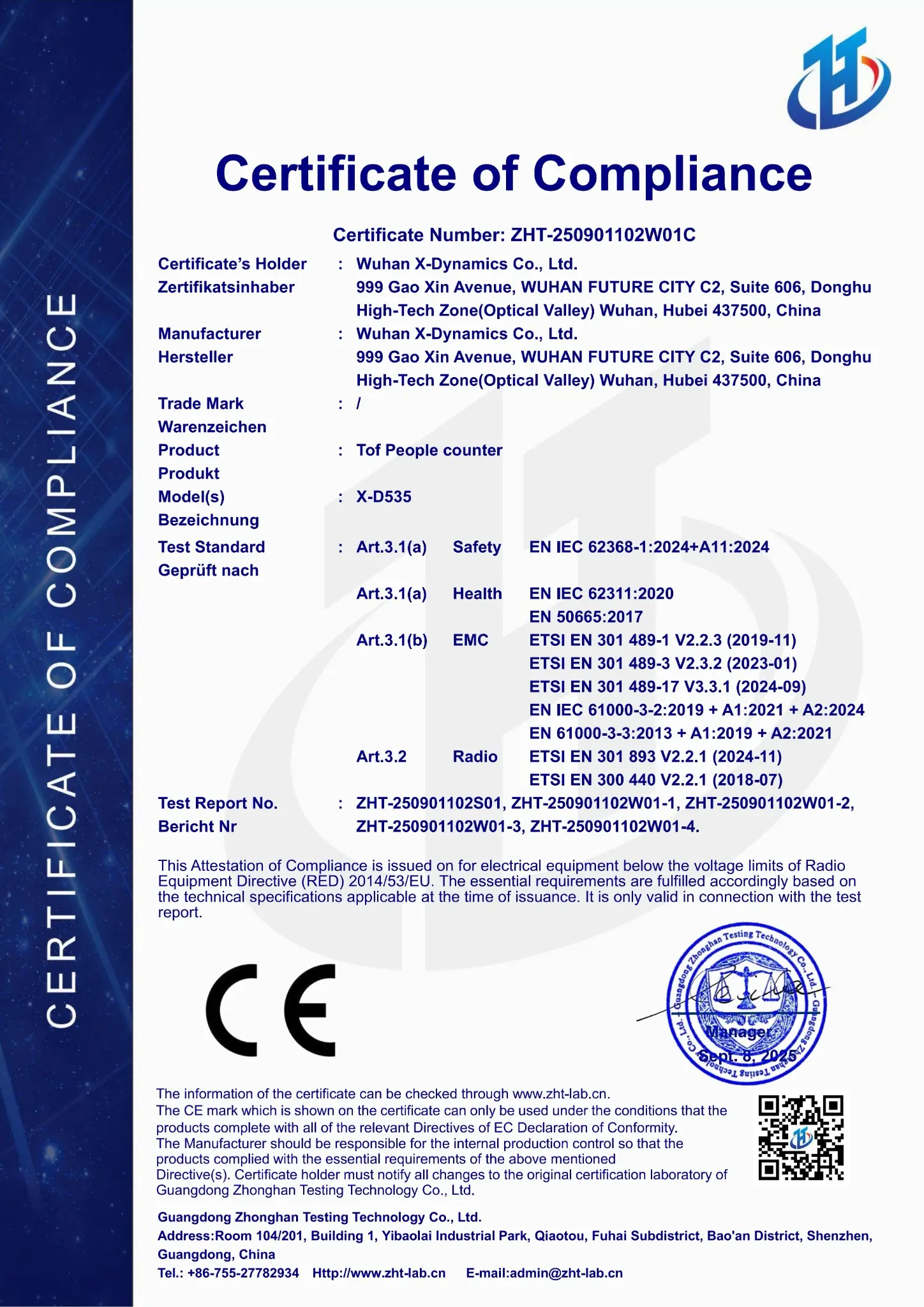 CE certificate for the X-Dynamics X-D535 3D camera