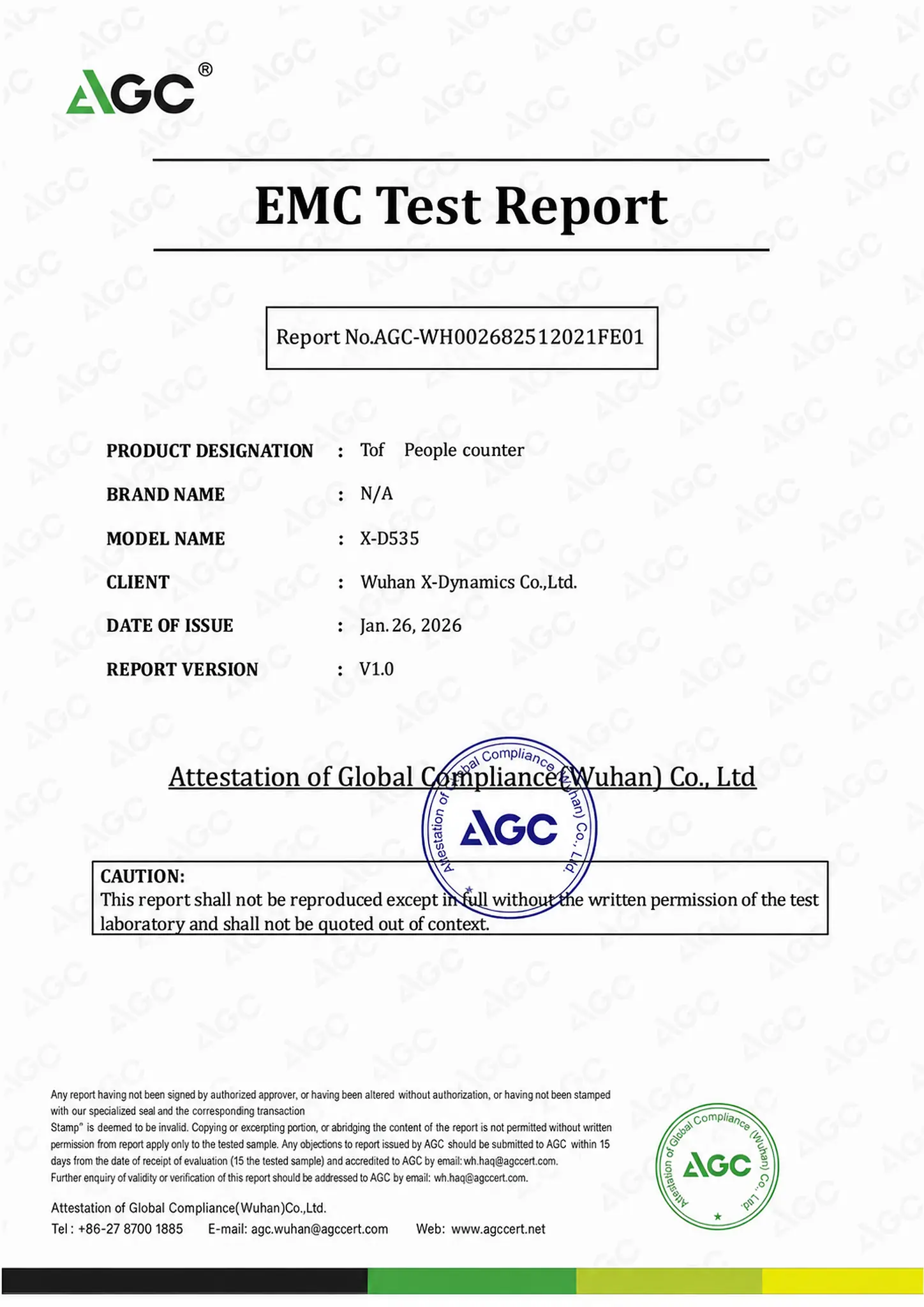 EMC test report for the X-Dynamics X-D535 3D camera