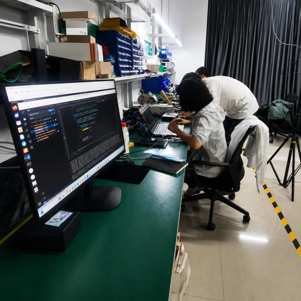 X-Dynamics R&D engineers working on 3D sensing product development in the engineering workspace