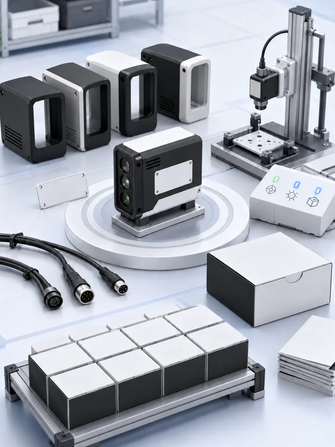 3D illustration of black and white ToF camera OEM customization, testing and packaging services