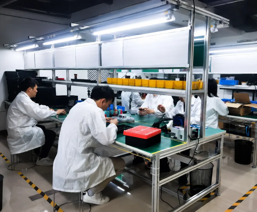 X-Dynamics technicians assembling and testing 3D cameras in the production workshop