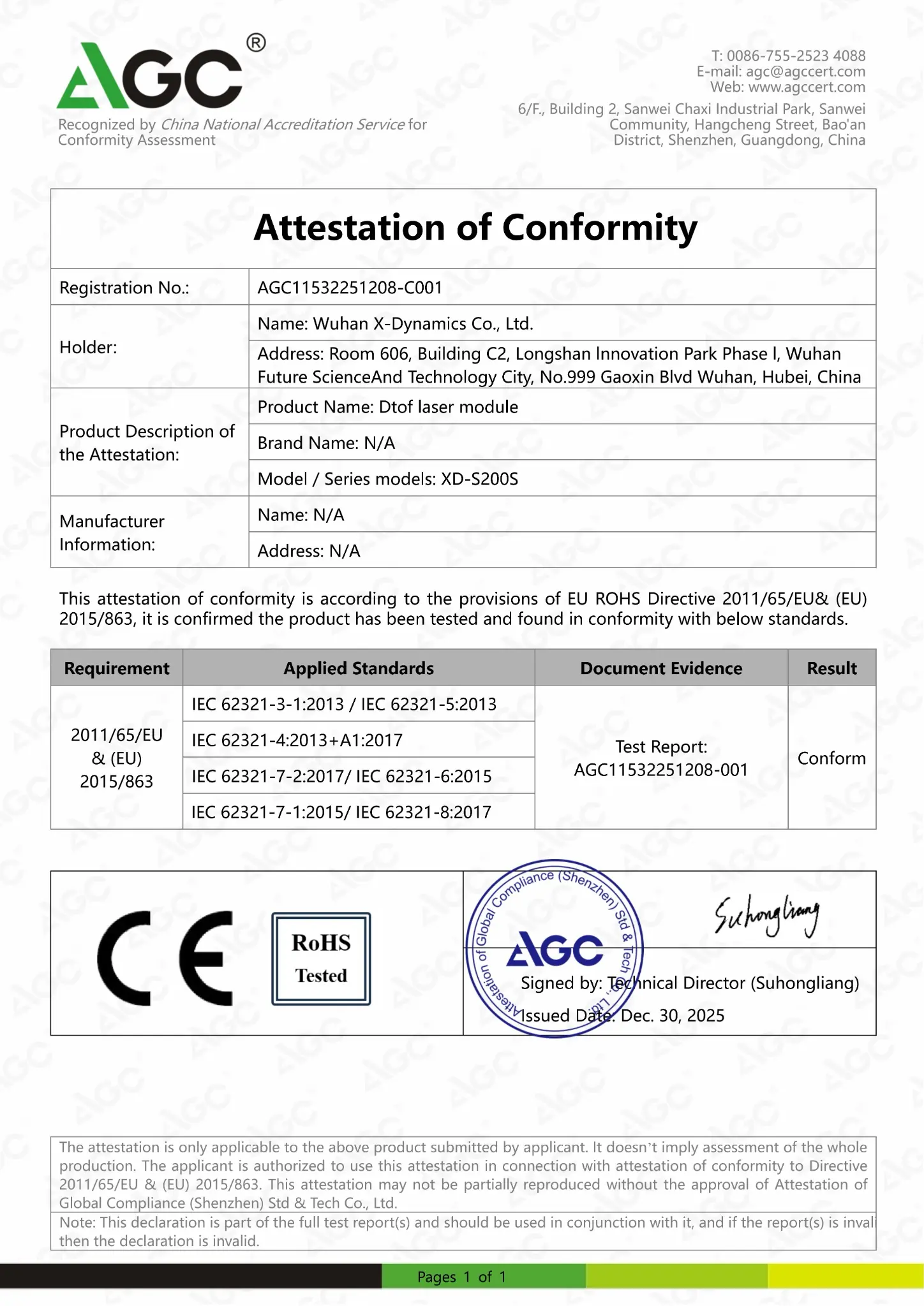 RoHS certificate for the X-Dynamics XD-S200S 3D sensing product