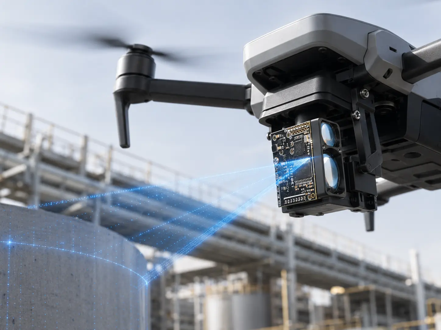 XD-S1000 dToF laser rangefinder module mounted on a UAV for industrial ranging