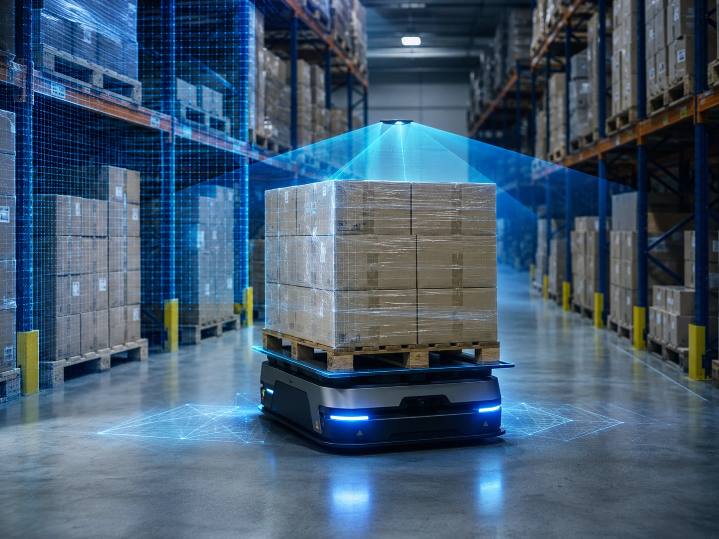 3D vision system measuring pallet dimensions in a logistics warehouse