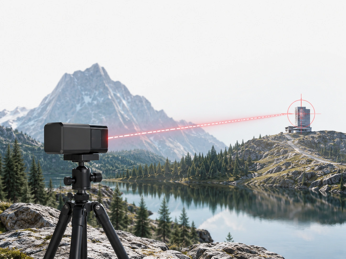 Laser ranging device measuring the distance to a remote building in a mountainous outdoor environment