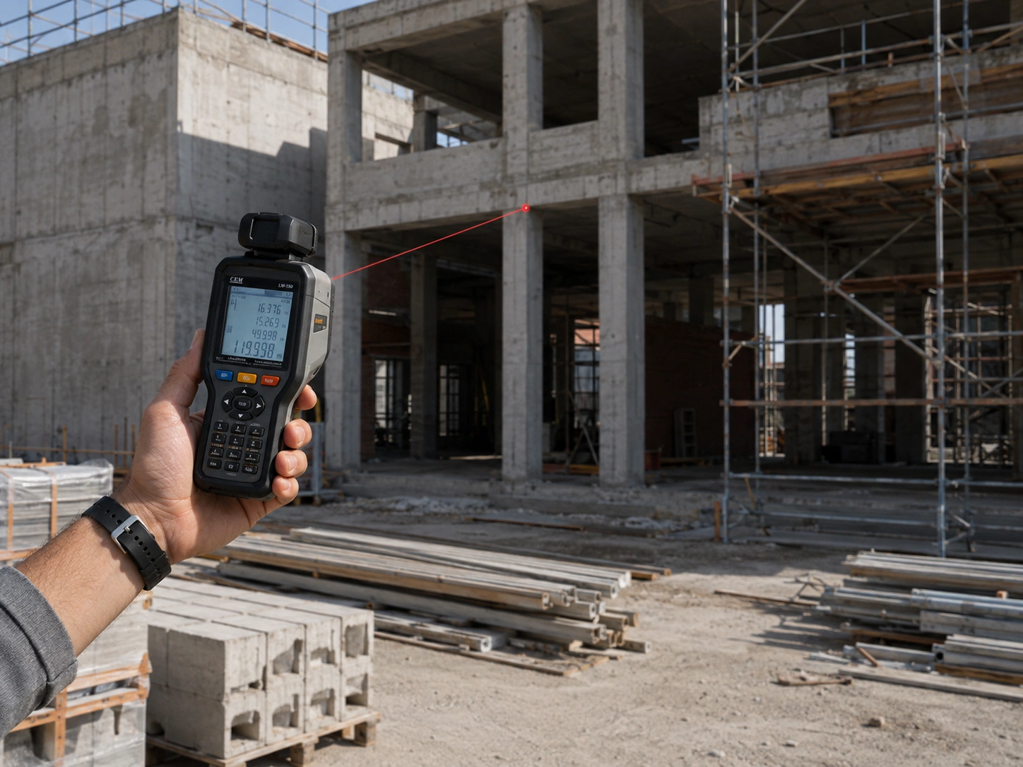 Handheld laser rangefinder measuring the dimensions of a building under construction