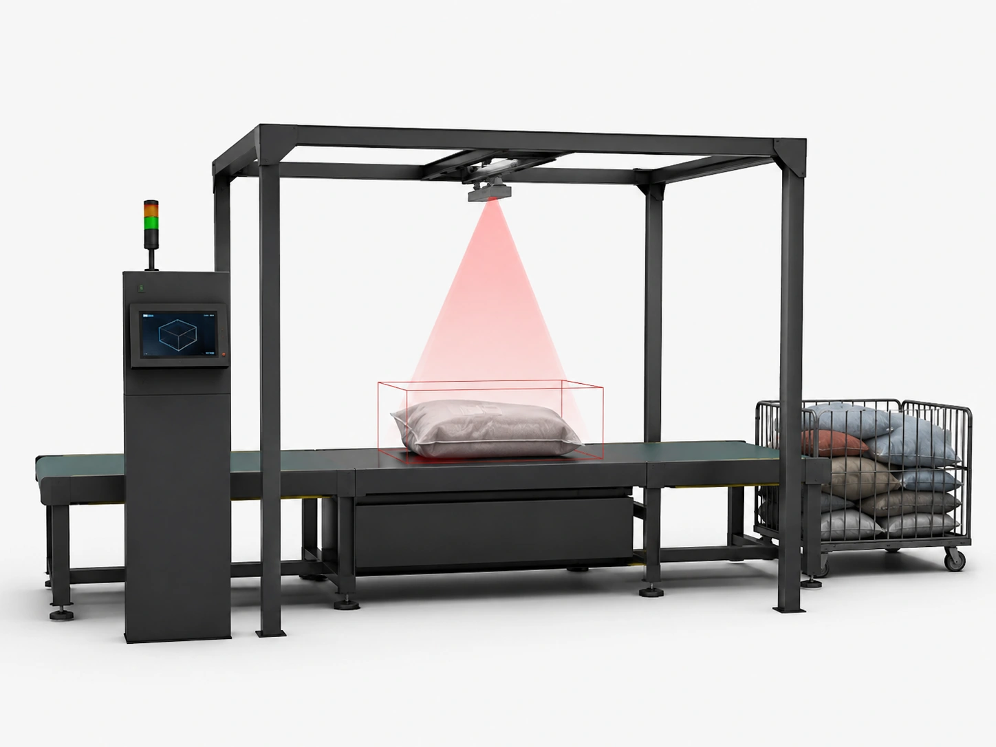 3D volume measurement system scanning a soft package on an industrial conveyor
