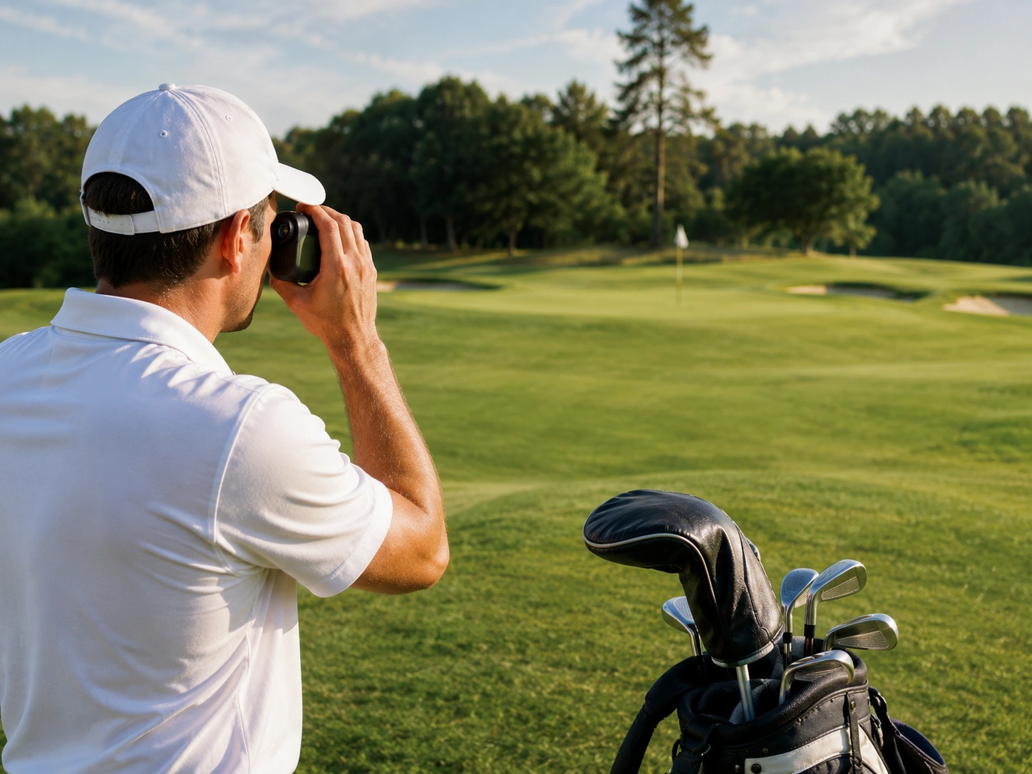 Golfer using a handheld laser rangefinder to measure the distance to a flag on a golf course