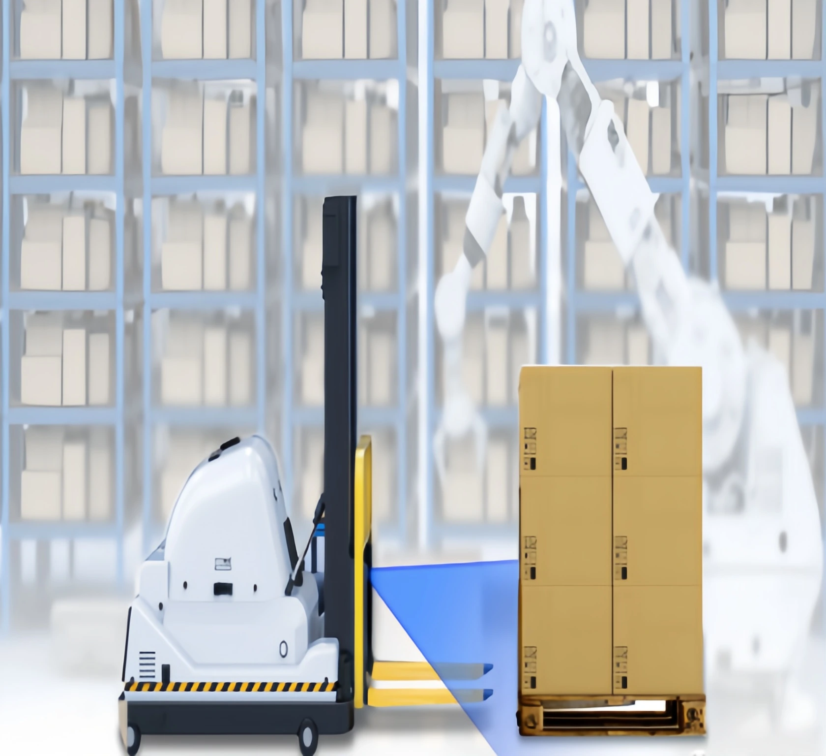 AGV using a 3D depth camera to detect a pallet, carton and traffic cone in an industrial workspace