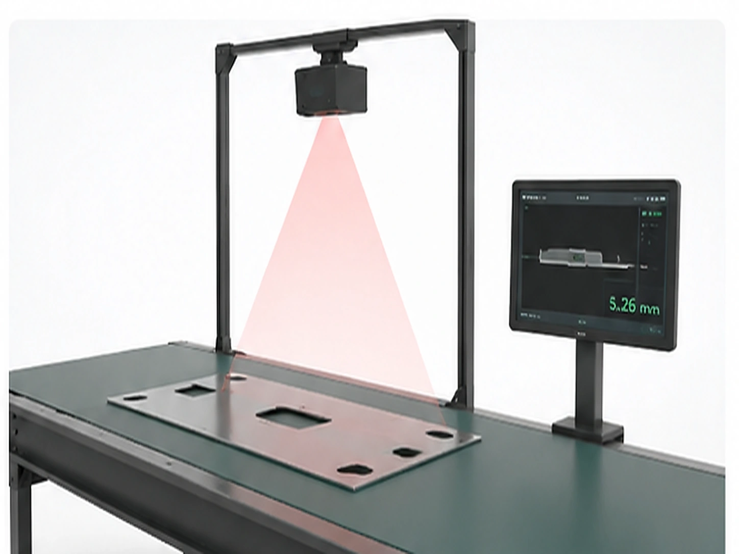 Overhead 3D camera measuring thin flat objects on an industrial conveyor