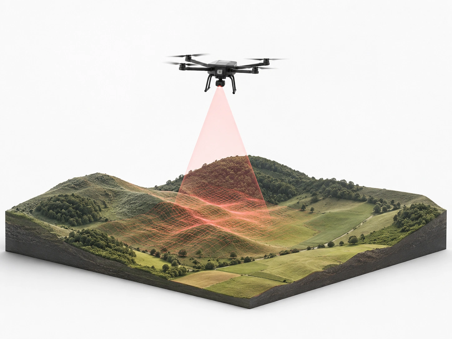 Drone measuring ground distance over changing terrain for altitude control and terrain-following flight