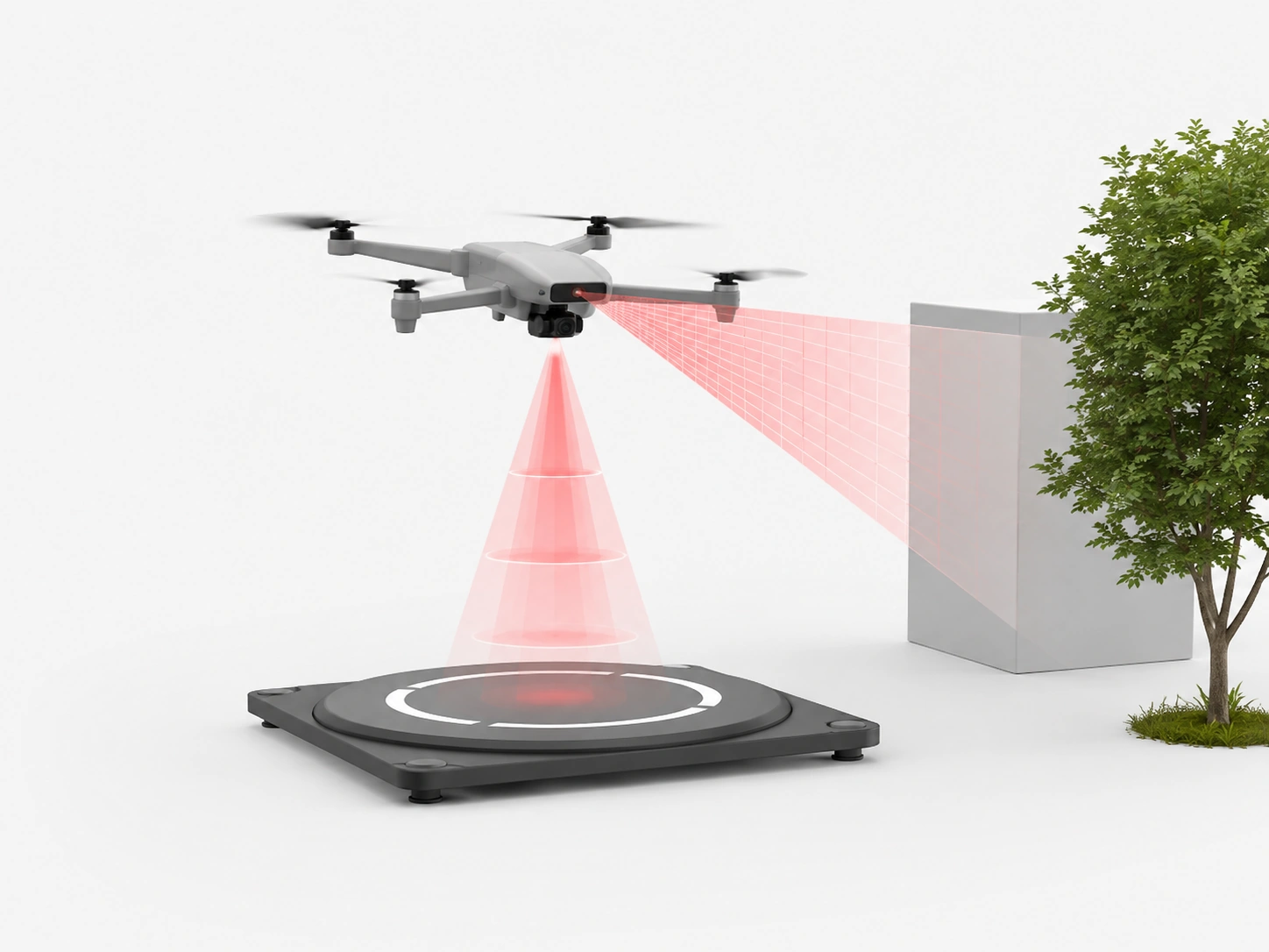 Drone using forward and downward laser ranging for obstacle detection and landing assistance