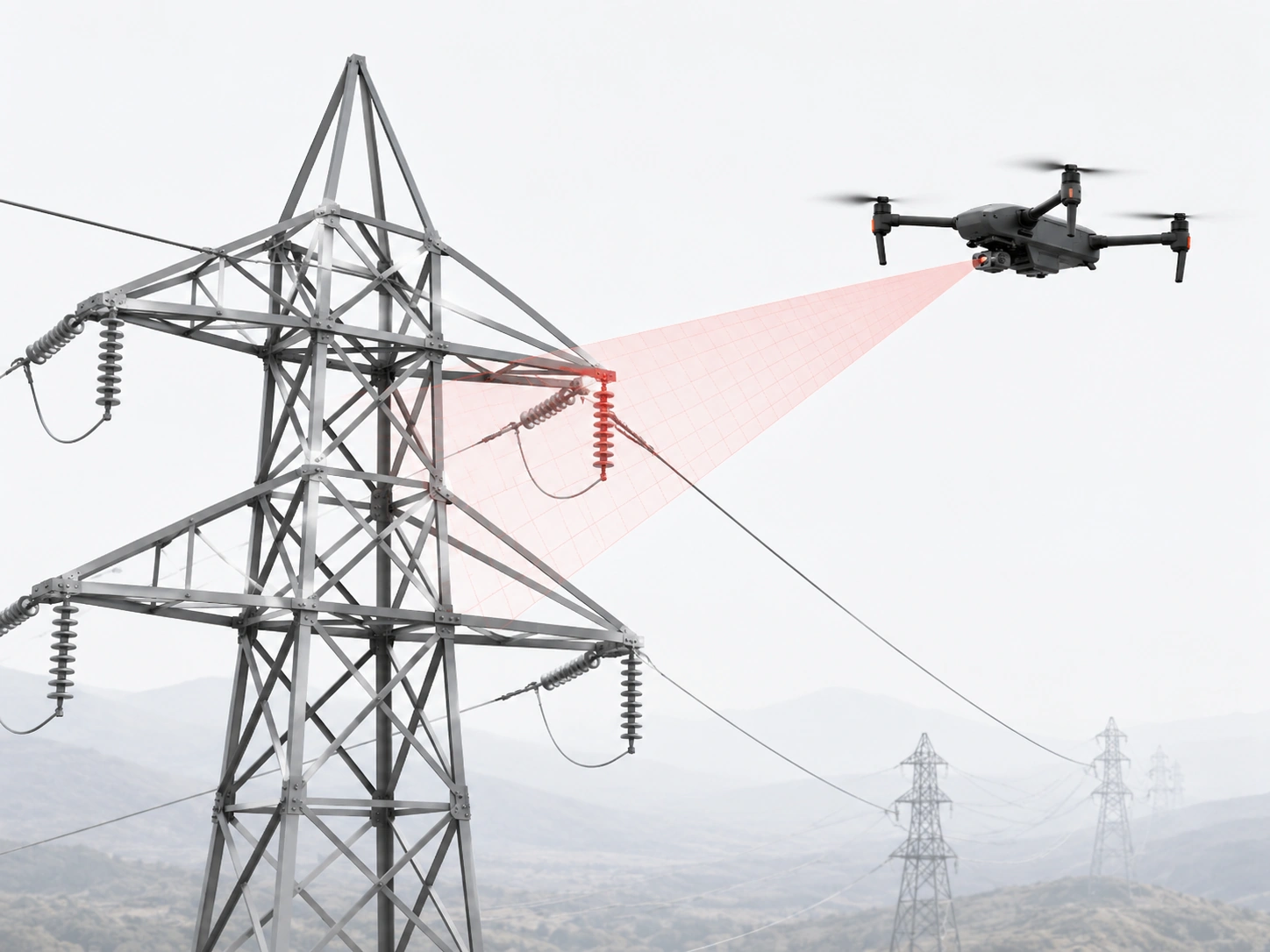 Drone performing laser-assisted inspection of a high-voltage transmission tower and power line