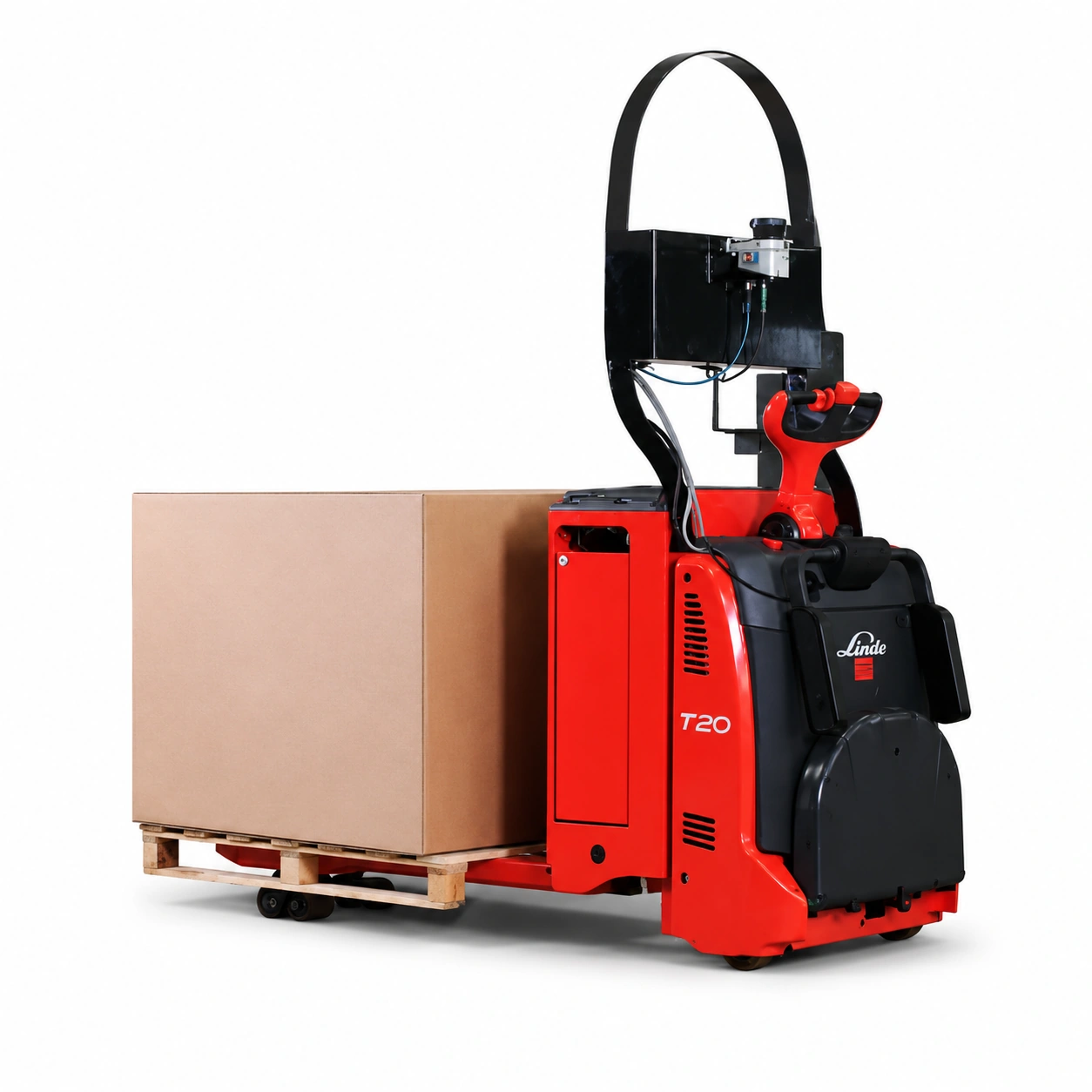 Automated pallet handling vehicle carrying a packaged load for AGV pallet recognition and positioning applications