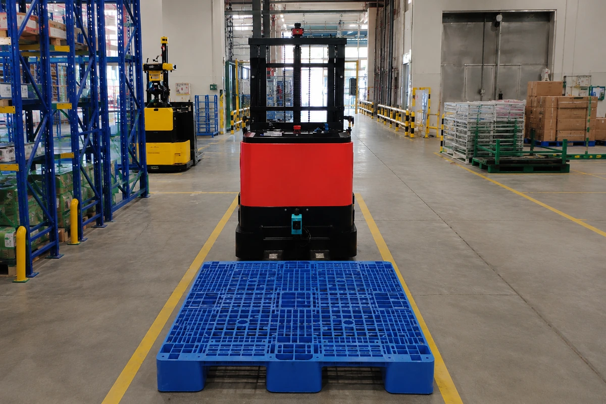 AGV equipped with a 3D iToF camera identifying a blue pallet for automated loading and unloading