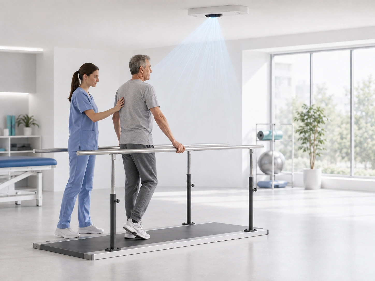 Patient undergoing gait training monitored by a 3D vision sensor in a rehabilitation clinic