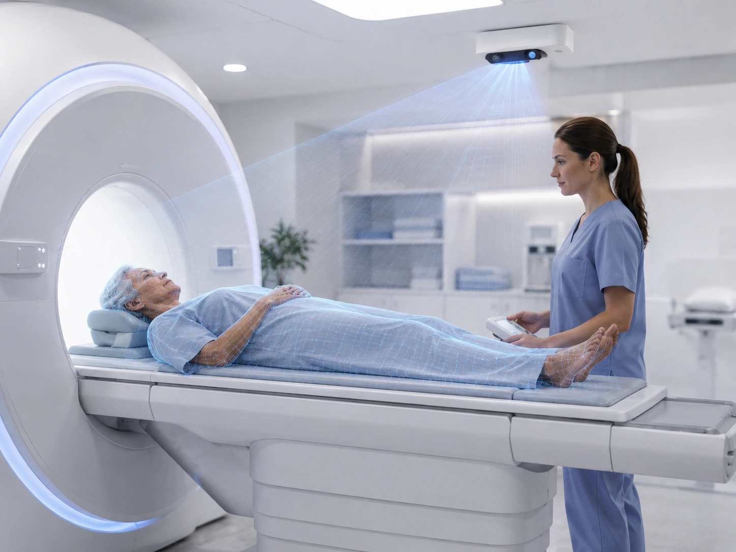 Patient positioned for medical imaging while a 3D vision sensor monitors the treatment area