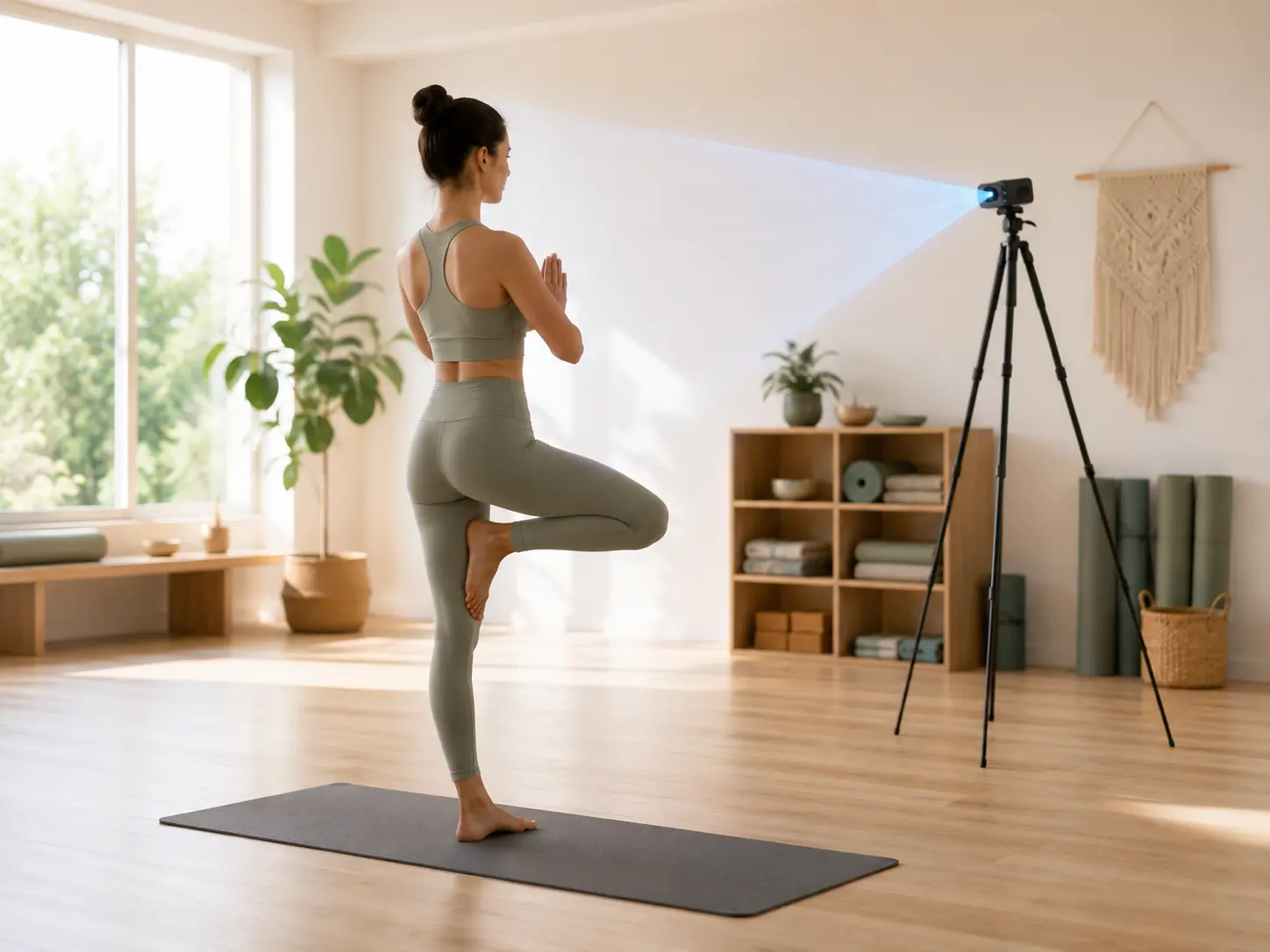 Woman performing a yoga pose while a 3D vision sensor monitors body posture and movement