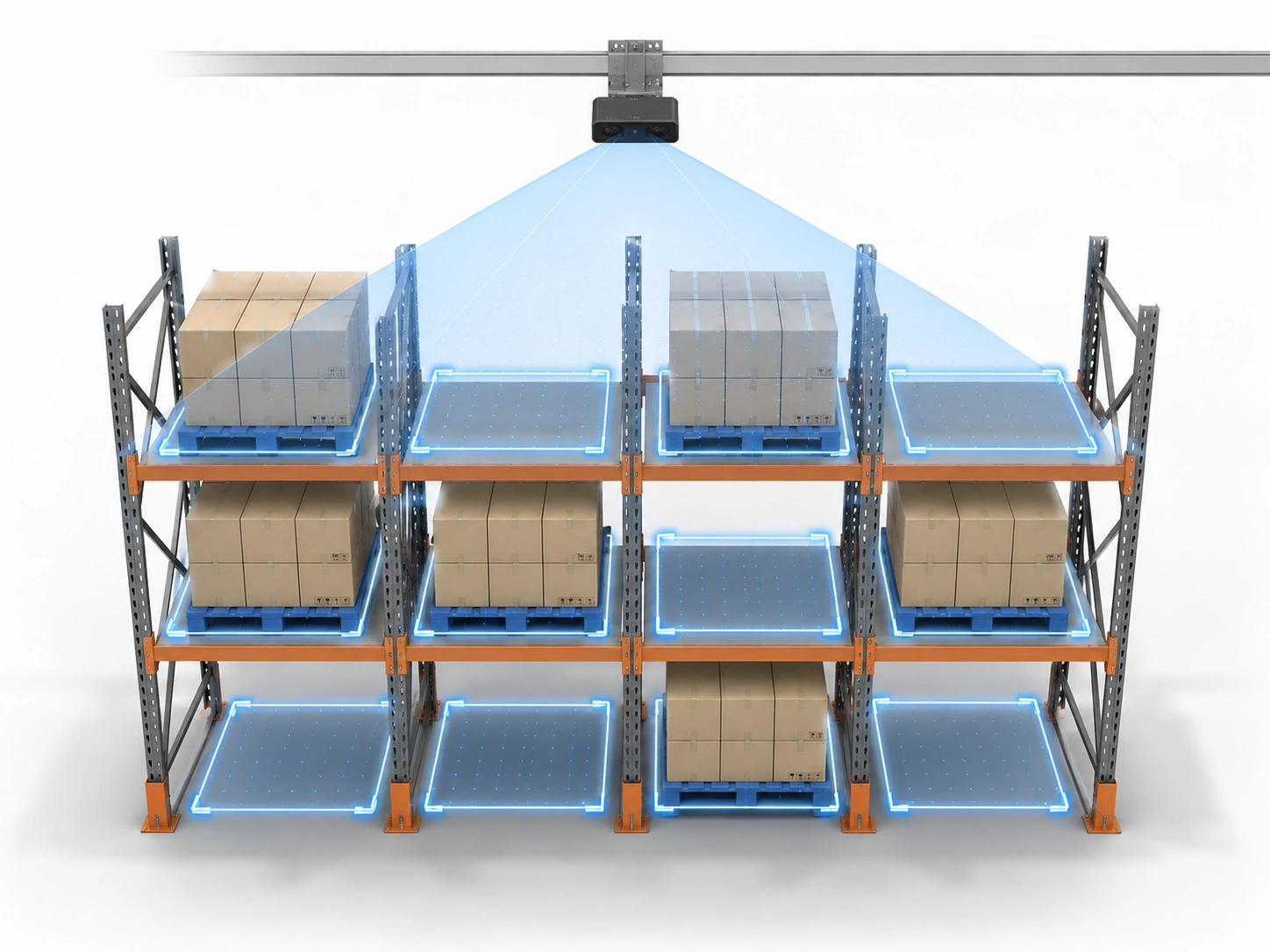 3D vision system detecting occupied and empty pallet storage locations on a warehouse rack