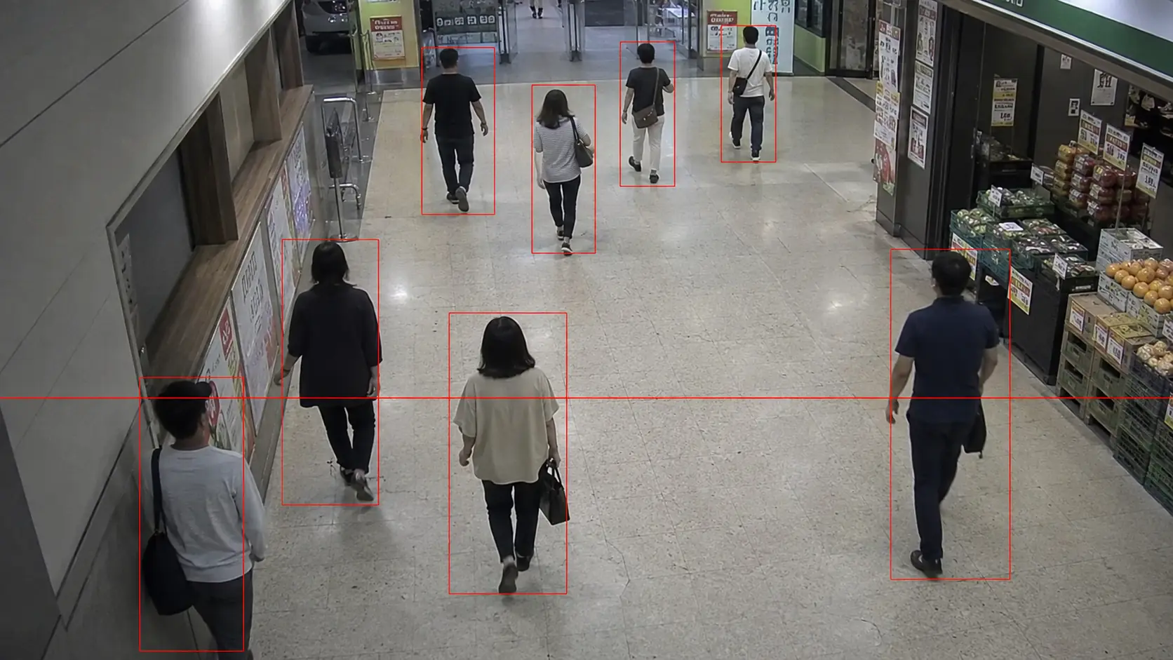 Traditional RGB surveillance camera detecting pedestrians for people counting in a commercial passage
