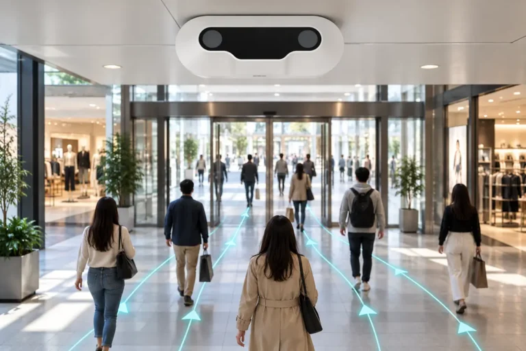 Ceiling-mounted VS030 people counting terminal monitoring customer traffic at a shopping mall entrance