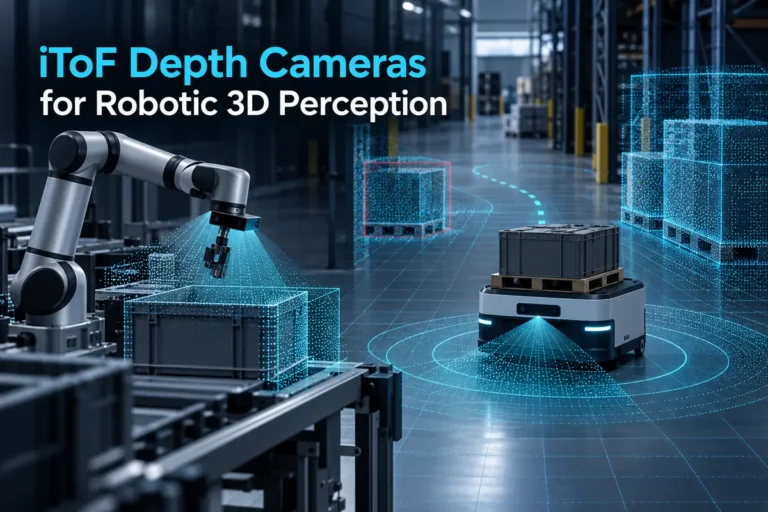 Industrial robotic arm and AMR using iToF depth cameras for 3D perception and obstacle detection