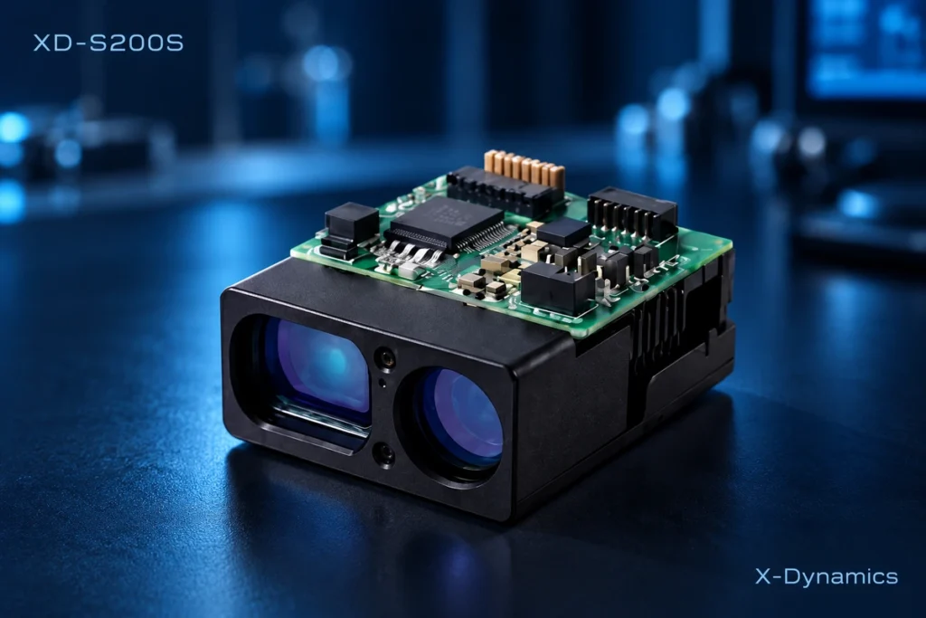 Close-up of the X-Dynamics XD-S200S laser ranging module showing its optical apertures and exposed circuit board