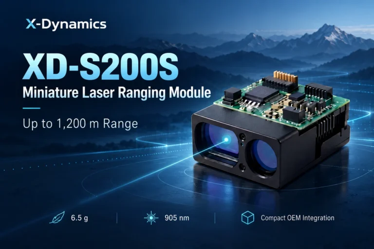 X-Dynamics XD-S200S miniature laser ranging module with up to 1,200 m range, shown against a blue mountain background