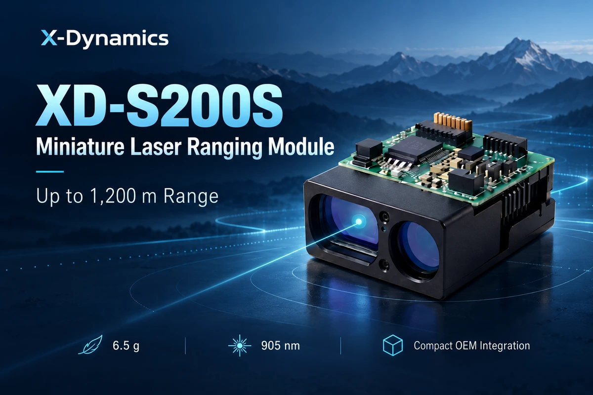 X-Dynamics XD-S200S miniature laser ranging module with up to 1,200 m range, shown against a blue mountain background