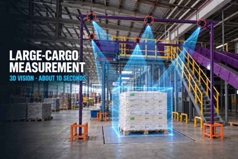 Five-camera 3D vision system measuring palletized cargo in a warehouse